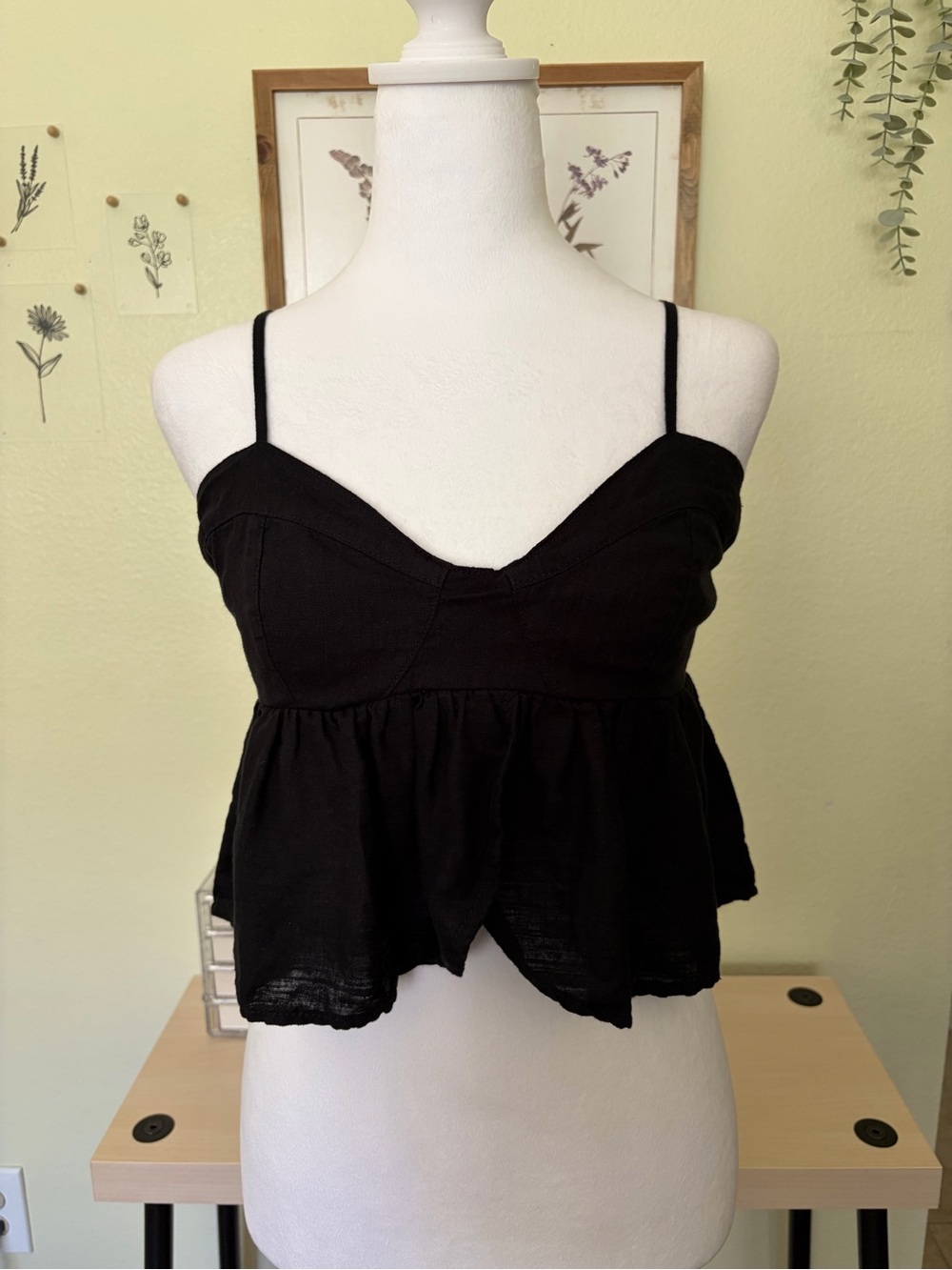 American Eagle Black Linen Blend Babydoll Peplum Cami Top Size Medium